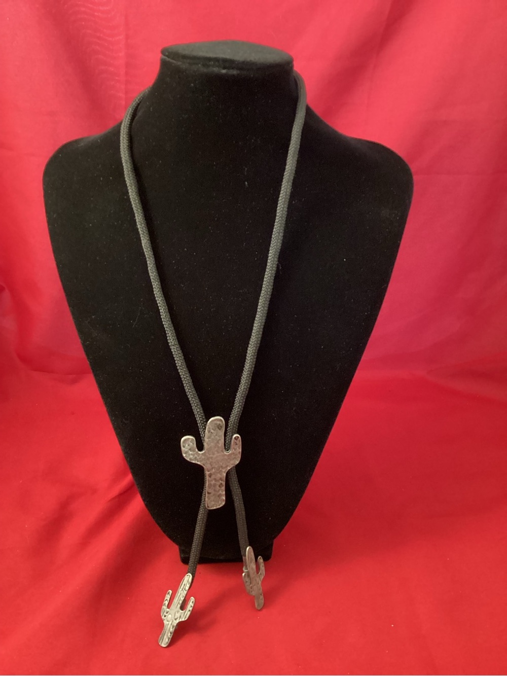 Black Western Cactus Bolo Tie with Silver Tone Accents